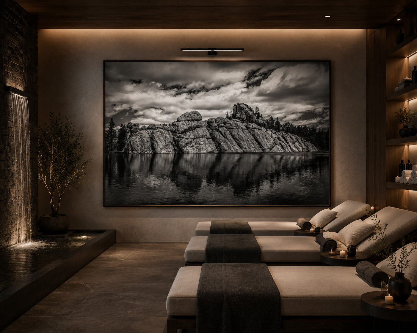 Luxury spa relaxation room with large black and white rock reflection fine art photography by Dan Sproul